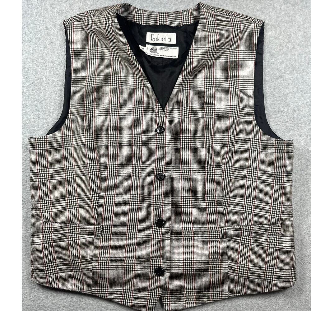 Vintage Rafaella Wool Suit Vest Waistcoat Women's Size 14 Tan Plaid Button Front